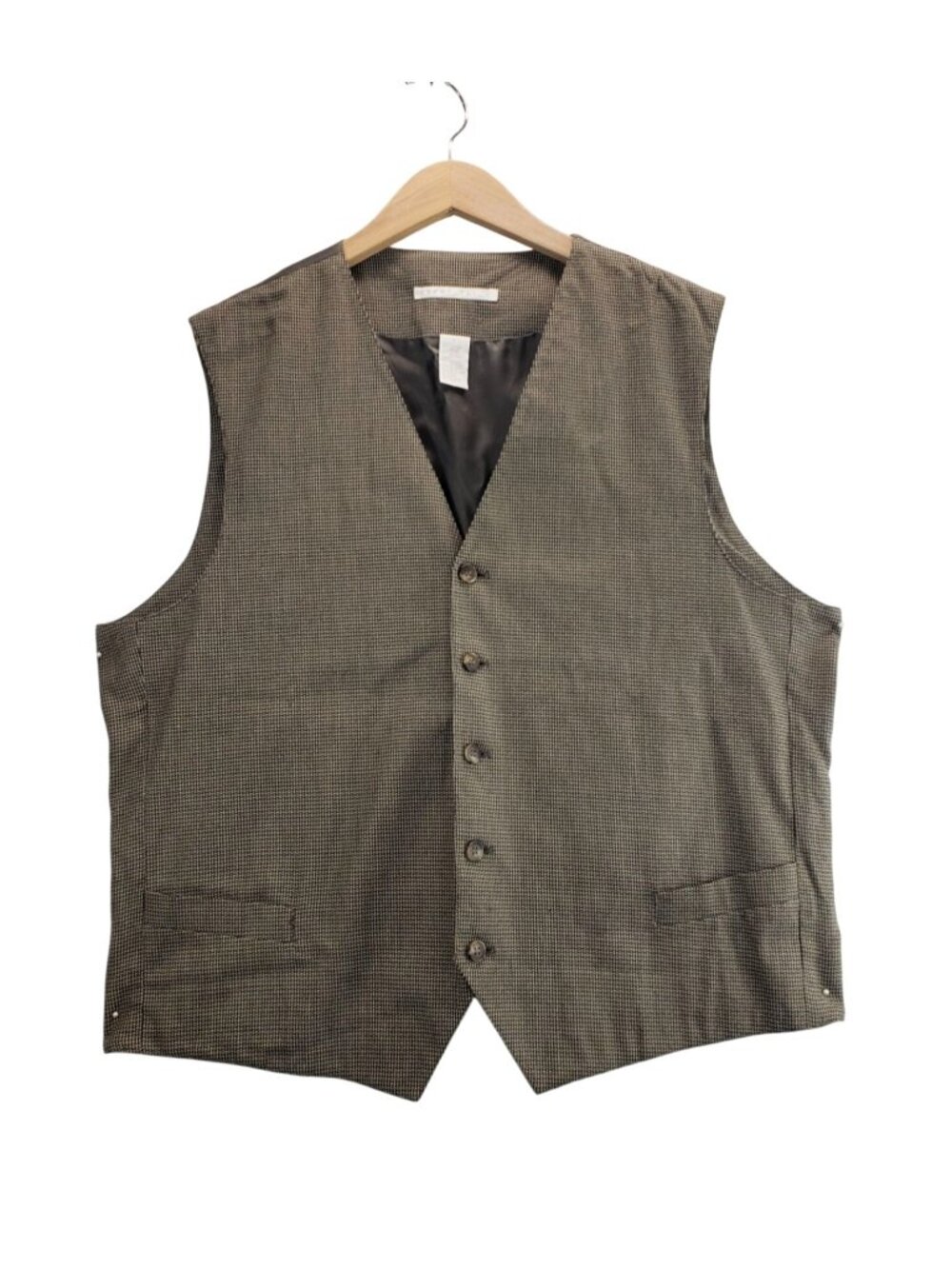 Mens Vest Brown Woven Tweed L Perry Ellis Waistcoat Houndstooth 5-Button Pockets